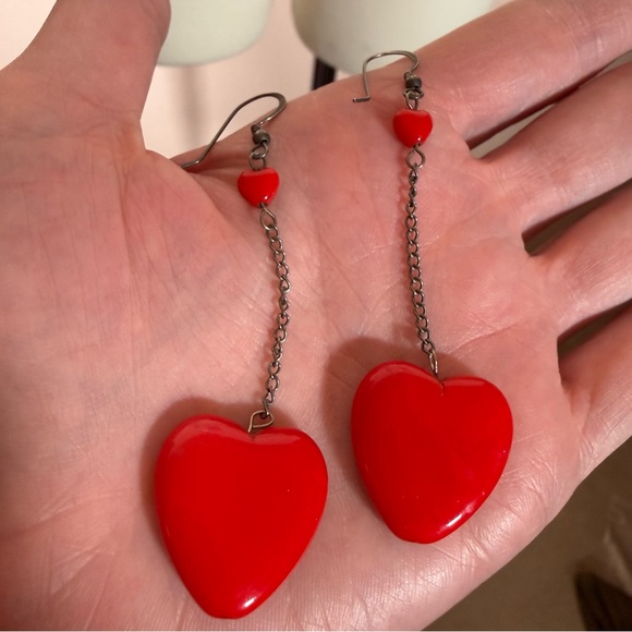 Vintage Red glass Heart Sterling silver oversized Modernist dangle Earrings - Picture 3 of 15